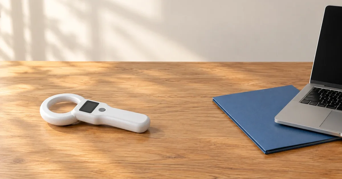 White handheld microchip scanner on a wooden desk beside a closed blue folder and an open laptop.