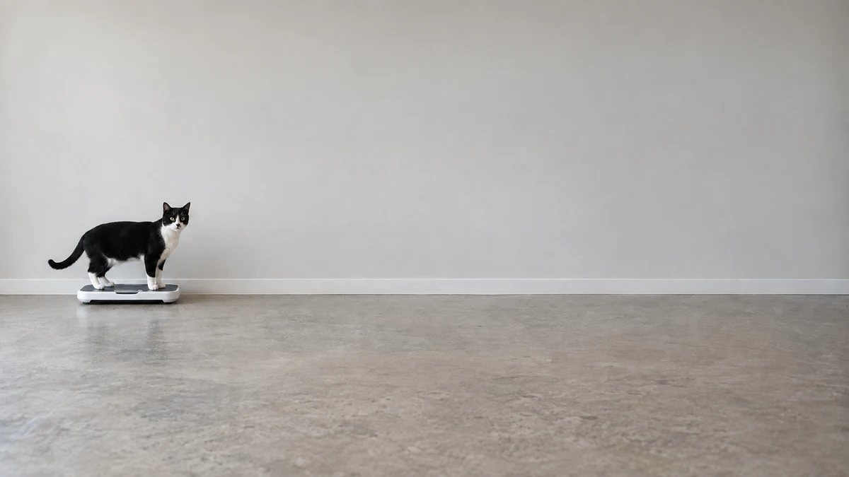 Black-and-white tuxedo cat standing on a broad low pet scale on a utility-room floor.
