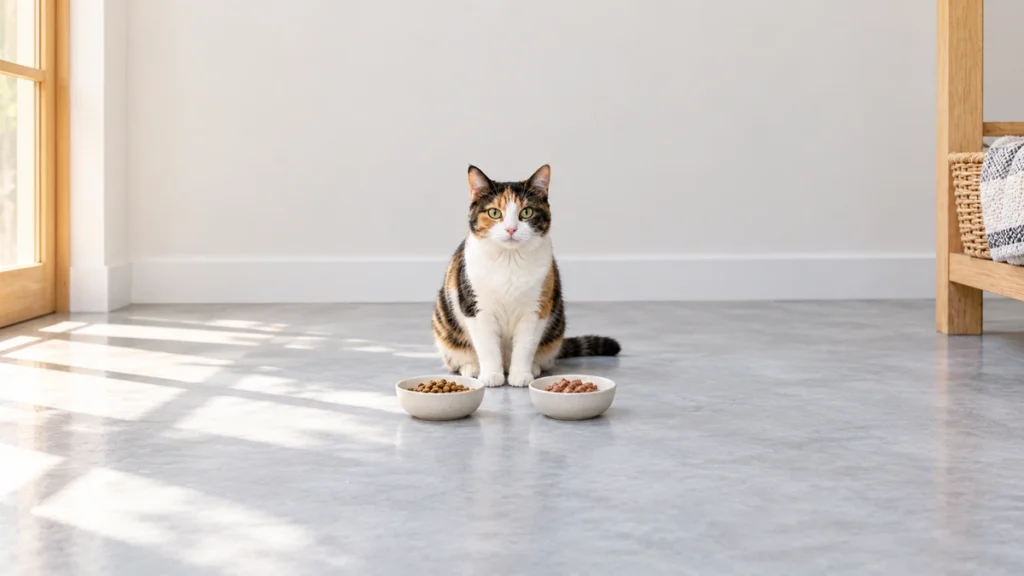 Calico cat sitting behind separate dishes of dry kibble and wet cat food in an open feeding area.