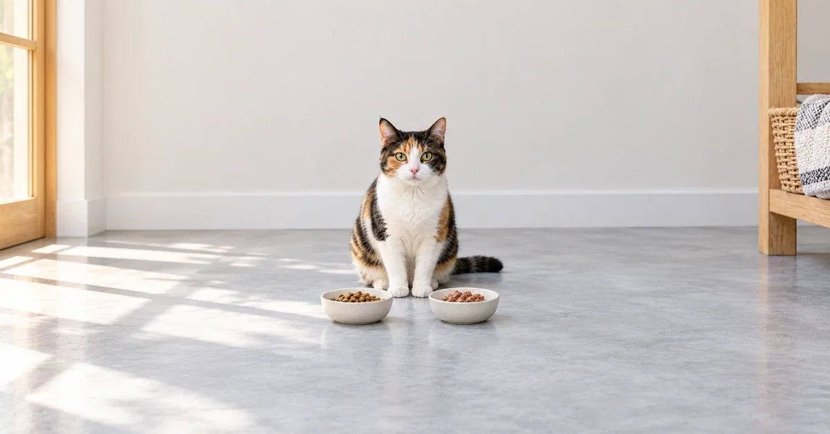 Calico cat sitting behind separate dishes of dry kibble and wet cat food in an open feeding area.