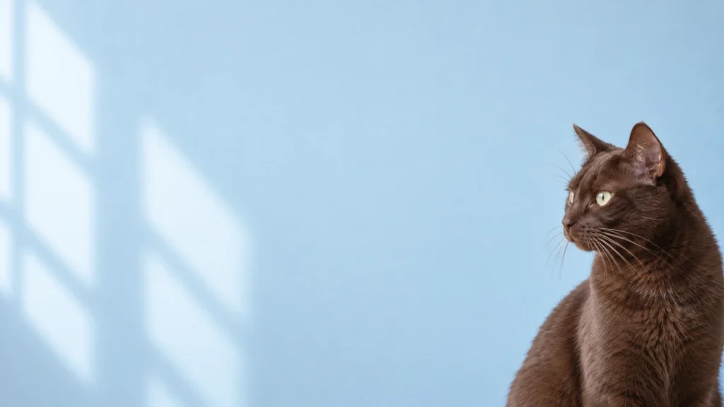 Chocolate-brown cat in side profile with intact whiskers against a pale-blue wall.