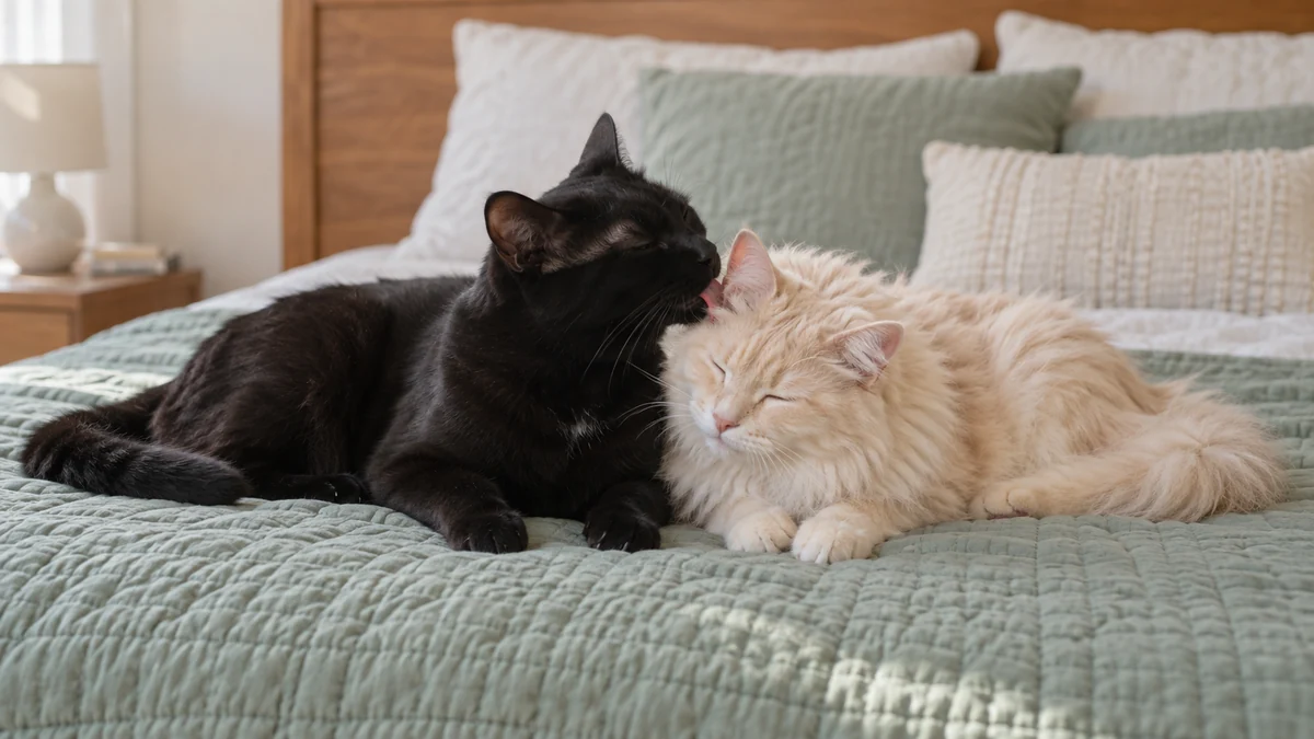 A black cat grooming a cream cat's forehead as both rest on a quilt.