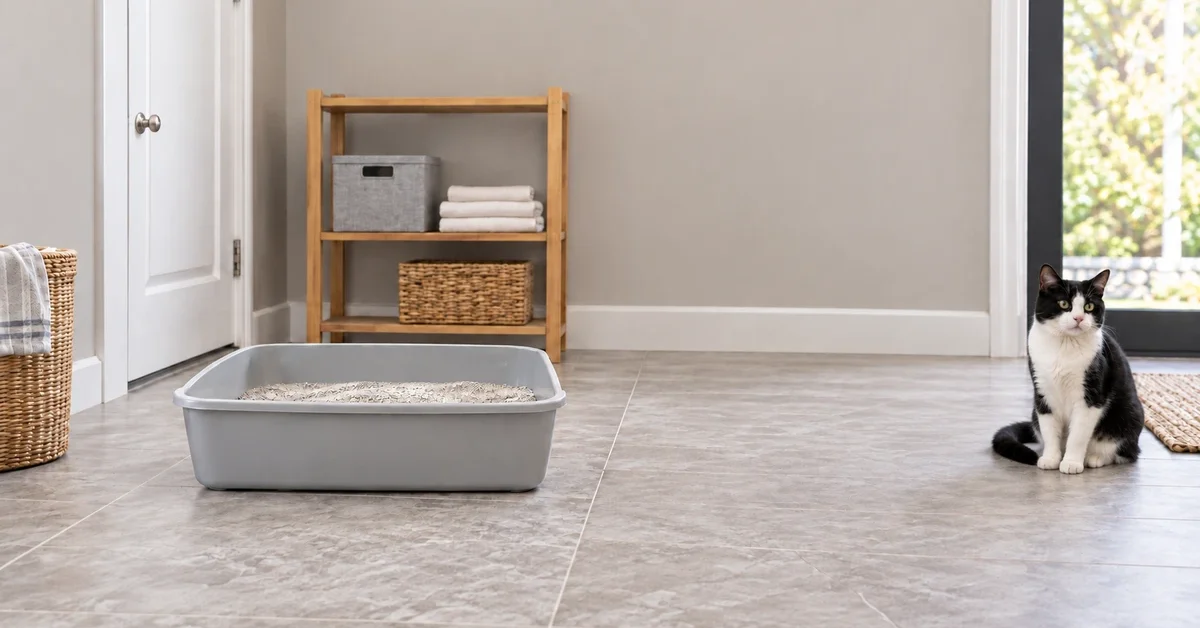 Black-and-white cat sitting beside a clean, uncovered gray litter box in a quiet room.