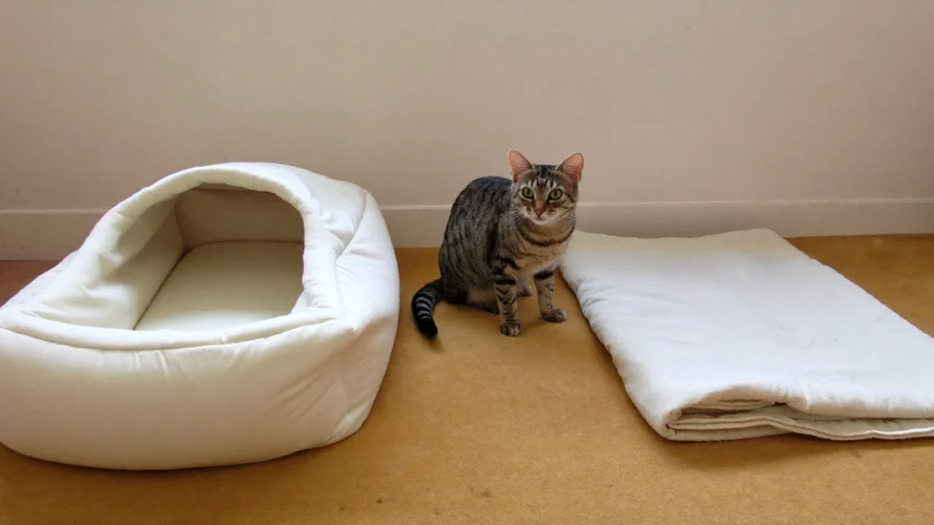 Tabby cat sitting between a cream pet bed and a folded blanket.