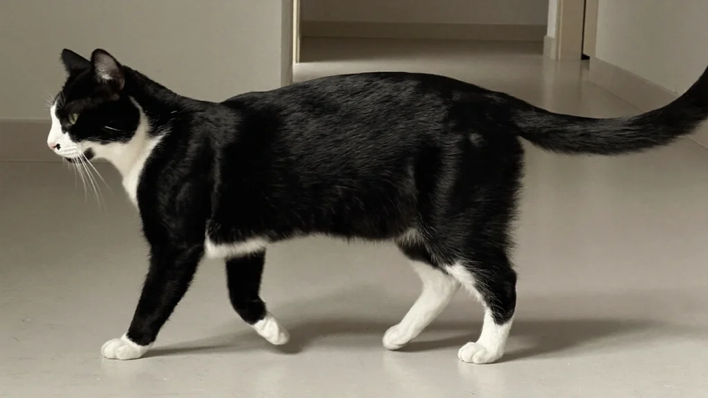 Black-and-white cat walking across a pale hallway floor, viewed from the side.