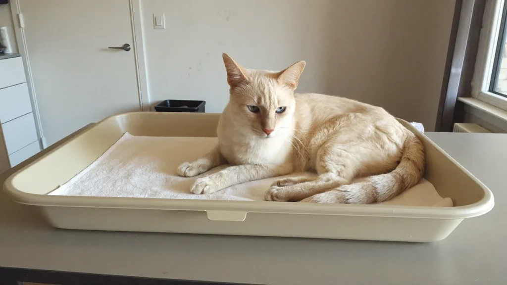 Cream cat resting on a towel in a shallow tray on a table.