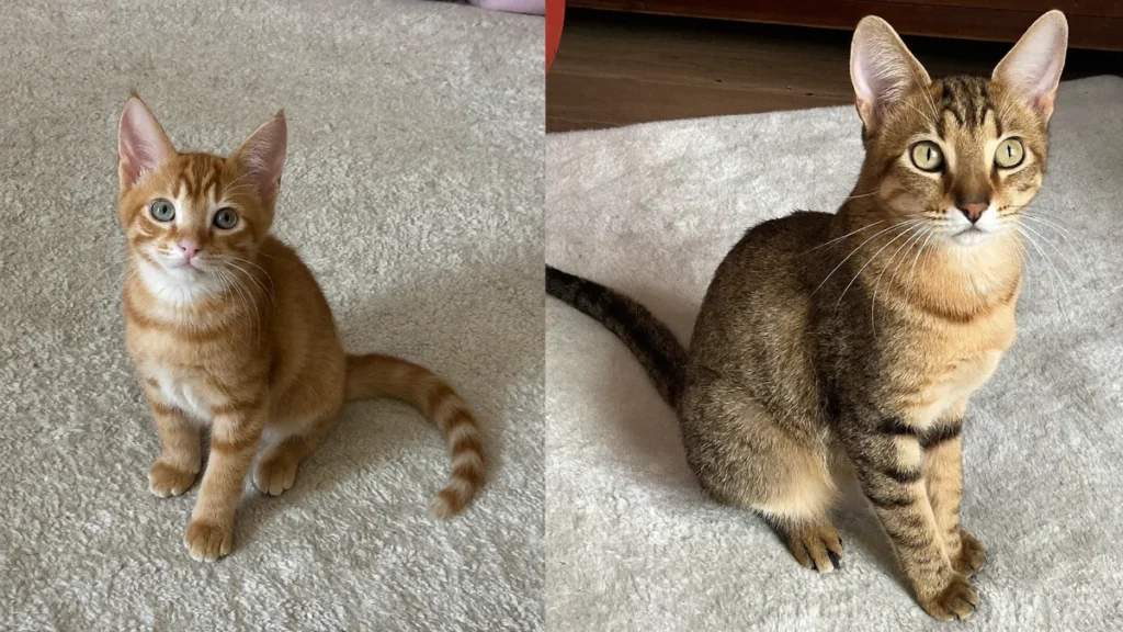 Separate portraits of a ginger kitten and a brown adult cat.