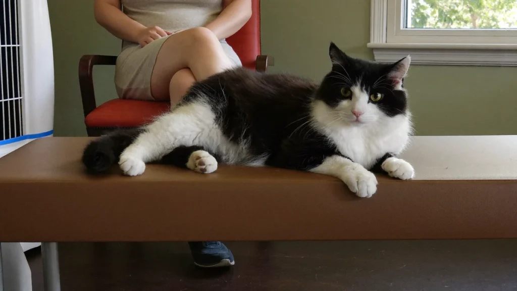 Black-and-white cat resting on a padded bench while a person sits nearby
