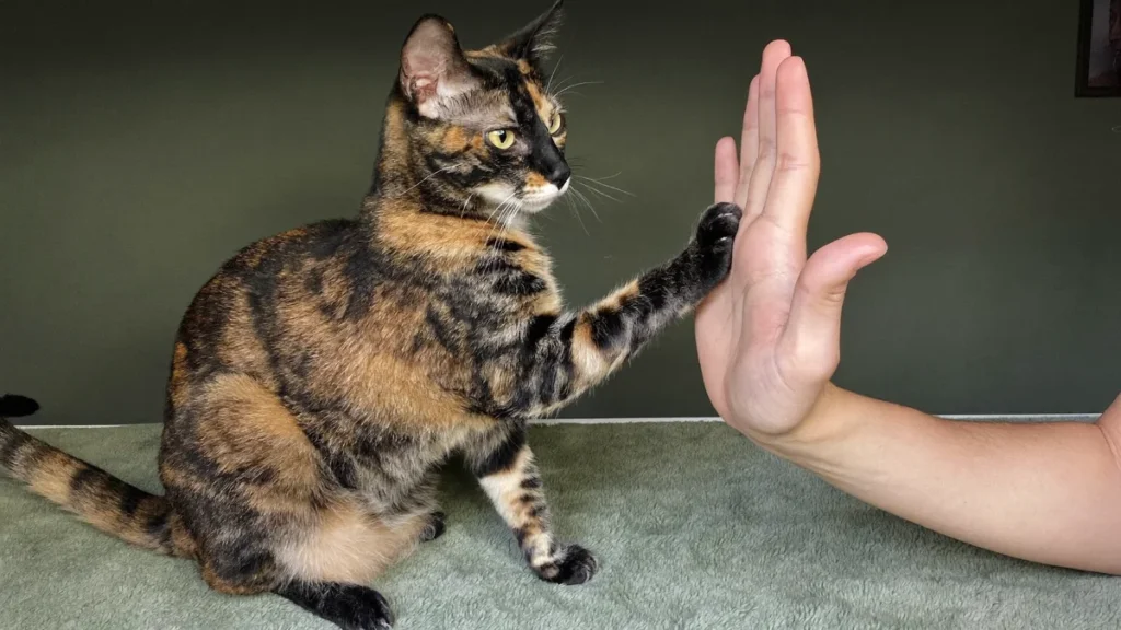 Tortoiseshell cat sitting on a green rug and touching an open palm with one front paw.